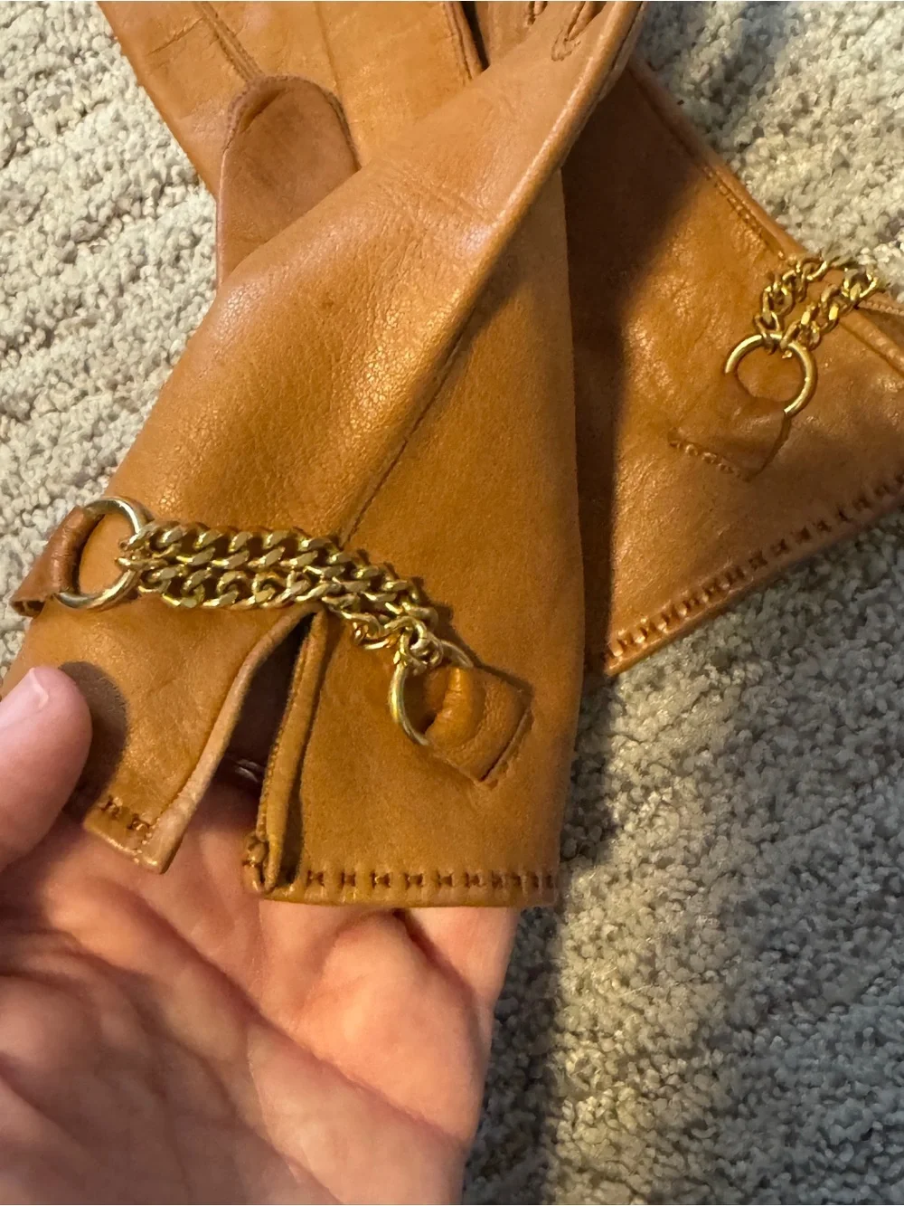 Vintage 70s I. Magnin Brown Calfskin Leather Gloves w/ Gold Chain XS